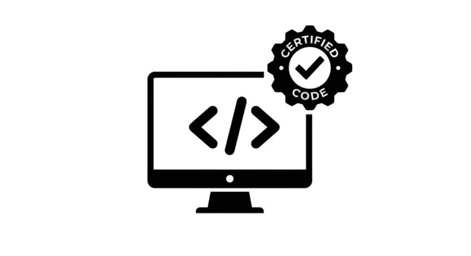 Computer monitor with certified code badge vector image showcasing high quality software engineering development programming validation and technical compliance security concept.