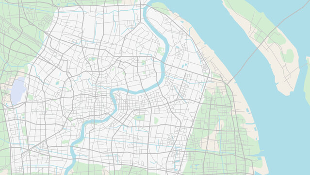 Shanghai City Road Map with Huangpu River, Pastel Color Vector Illustration of Chinese Megacity Urban Plan