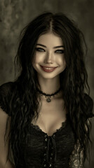 Fototapeta premium stunning goth woman smiling with warm eye contact, beautiful alternative woman expressing affection, cute gothic portrait with emotional connection