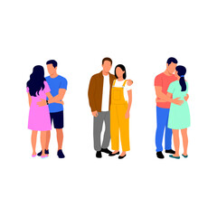 Obraz premium Minimalist vector illustration of diverse young couples embracing, showing love, romance, and modern relationships