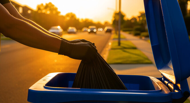 Person in gloves putting trash bag into blue bin. Waste disposal on residential street at sunset. Sanitation concept for waste collection and recycling campaigns.