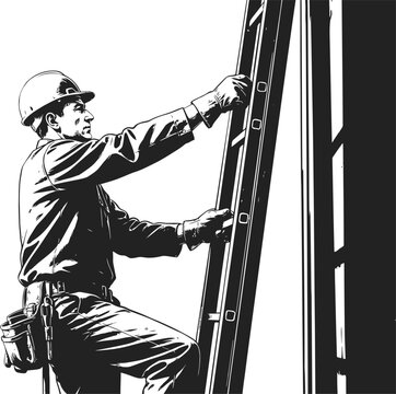 Construction worker ascending ladder black and white engraving style illustration