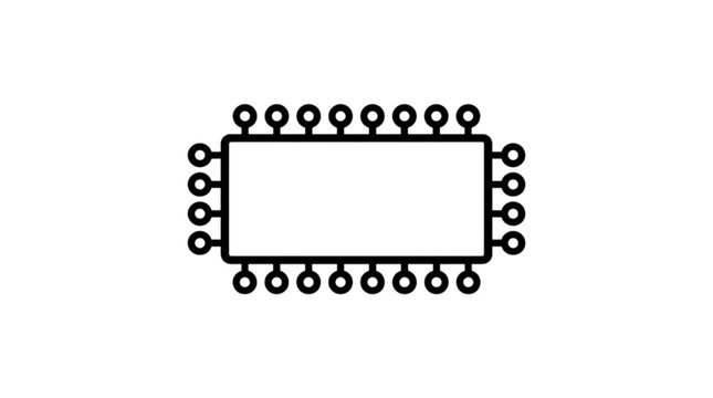 Technical black and white vector image of an integrated circuit microchip processor layout representing electronic hardware component engineering and semiconductor motherboard technology