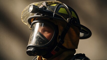 Fototapeta premium Close up portrait of a firefighter wearing a protective helmet and breathing mask in a dark setting