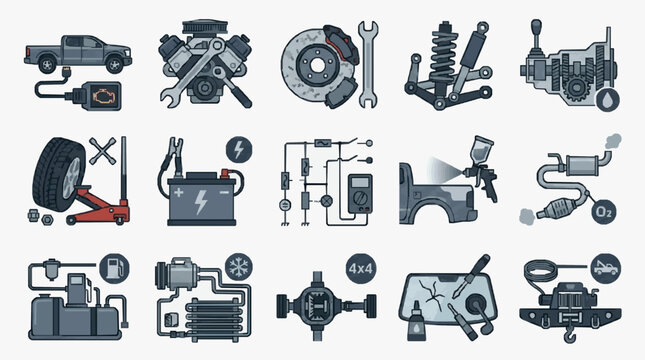 Creative Grayscale Icons Set Featuring Auto Repair Tools Car Parts and Maintenance Equipment with high quality professional line art symbols for modern creative design and digital branding projects