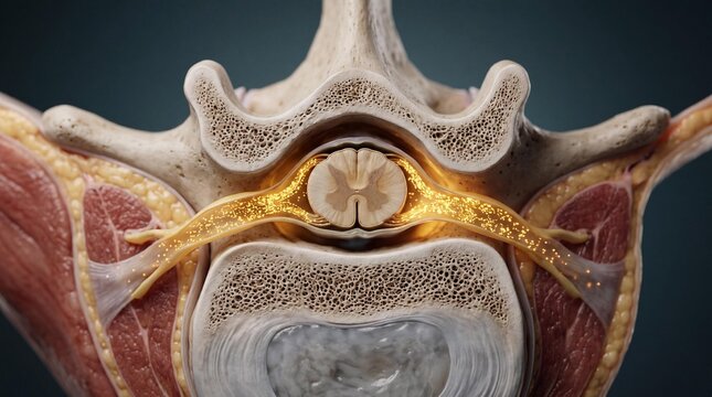 Human spine anatomy with highlighted spinal cord