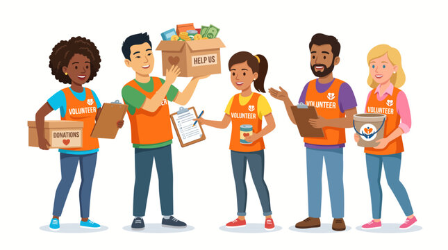 A diverse group of smiling volunteers working together for charity, holding donation boxes and clipboards for community service.