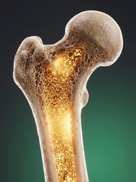 Human femur bone structure with glowing marrow