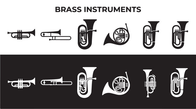 Set of black and white brass musical instrument icons including trumpets, trombones and french horns in silhouette