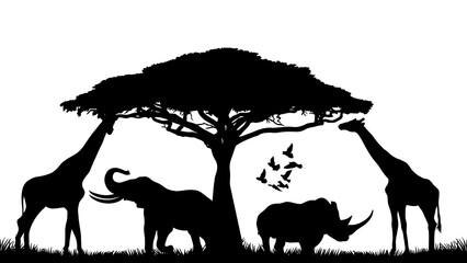 African safari wildlife silhouette featuring giraffes, elephant, and rhino isolated on transparent background design element © mrzn