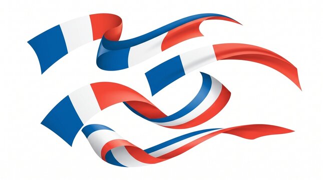 French flag ribbons waving in the wind as a set of isolated dynamic tricolor stripes featuring blue white and red colors on white background