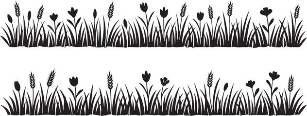 Set of two horizontal black grass and wildflower silhouette borders. Meadow lawn growth graphic suitable for rustic greeting card footers and web dividers. Transparent EPS. © Faija