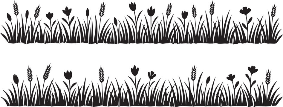 Set of two horizontal black grass and wildflower silhouette borders. Meadow lawn growth graphic suitable for rustic greeting card footers and web dividers. Transparent EPS.