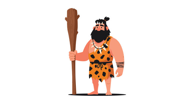 Strong cartoon caveman with a long beard wearing a leopard print tunic and holding a heavy wooden club on white.