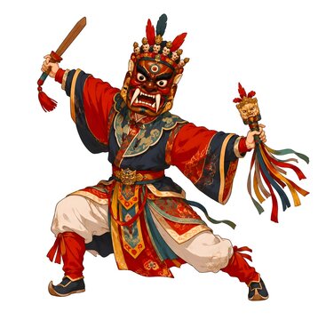 Ancient Chinese Nuo Ritual Dancer Wearing a Fanged Mask