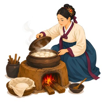 Ancient Korean Woman Steaming Rice Cakes in a Siru Pot