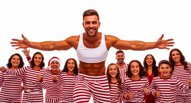 Large group of happy people in red striped holiday pajamas posing on white. Muscular man leads a smiling family celebration in festive sleepwear. Christmas togetherness concept for seasonal ads.