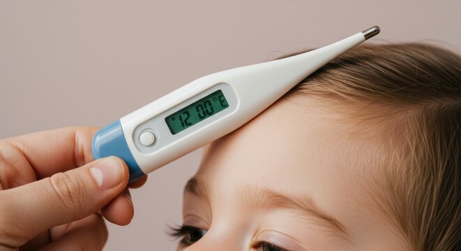 A child's forehead being measured by a thermometer
