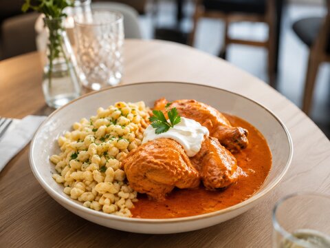 Deliciosa comida con pollo, salsa y fideos en un plato en un restaurante