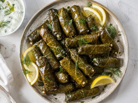 Variedad de hojas de parra rellenas servidas con rodajas de lim&oacute;n y salsa