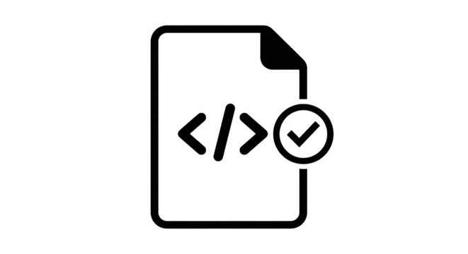 A minimalist line icon vector image of a code file document with a verified checkmark symbol indicating successful compilation.