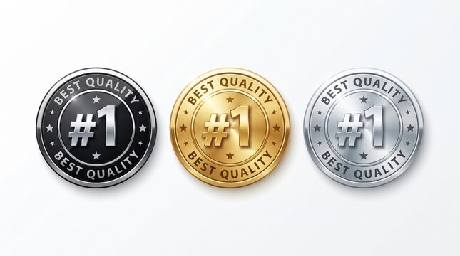 Best quality medals featuring gold silver and black metallic circular badges with number one symbol for marketing product ratings isolated on a white background design