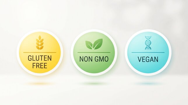 Dietary labels showing gluten free non gmo and vegan icons in circular badge style for healthy food packaging design with soft light and clean background