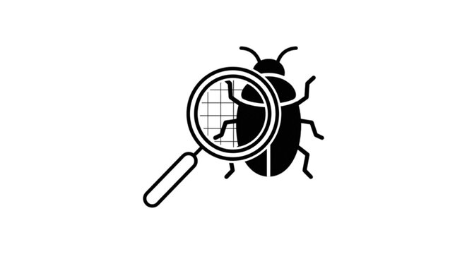 A software bug inspection vector image showing a magnifying glass grid view over a beetle insect symbol for debugging.