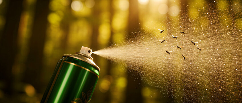 Aerosol spray can misting insects in a sunny forest. Green insecticide canister discharging bug repellent outdoors. Pest control and summer safety concept for health marketing.