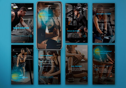 Instagram fitness story template 1080x1920, editable AIT vector social media layout set for gym, coach and sports marketing