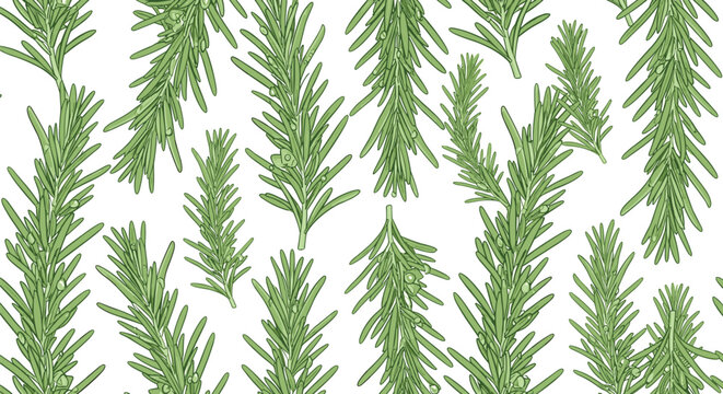 Aromatic green rosemary herbs seamless pattern background for culinary design, kitchen wallpaper, fabric print, and organic food packaging.
