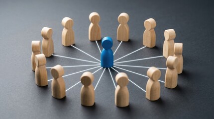 Obraz premium Blue wooden figure standing in a circle of connected wooden people on dark background
