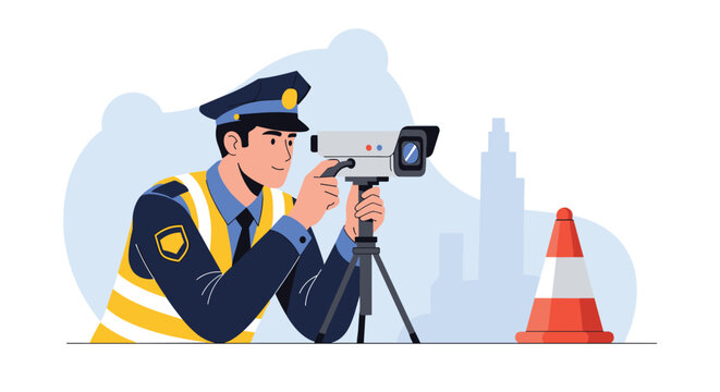 Traffic police officer operating a speed radar camera on a tripod next to a traffic cone on the street.