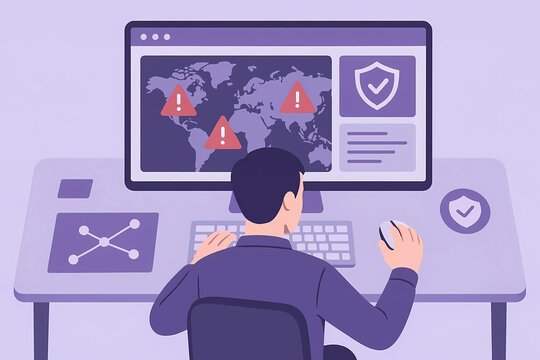 Security analyst monitoring global cyber threats and server network data