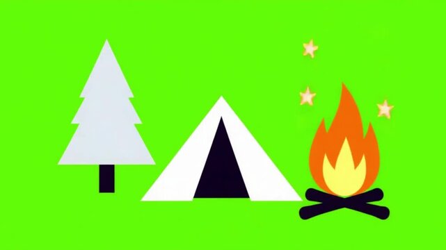 Animated Flat Vector Camping Tent and Cozy Campfire on Green Screen Chroma Key
