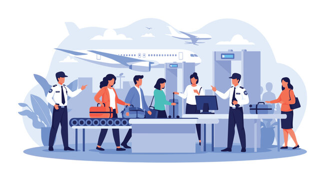 Passengers passing through airport security checkpoint and luggage scanner before boarding their flight.