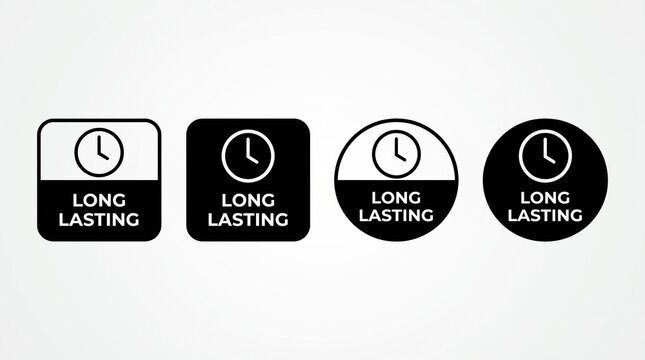 Long lasting icons featuring clock symbols inside rounded square and circular shapes with bold typography isolated on a plain white background for commercial product packaging