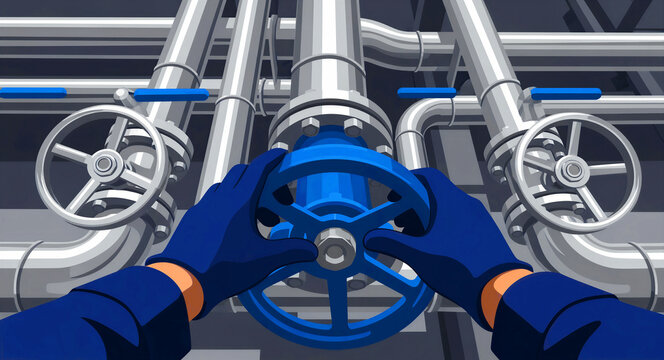 Hands in gloves turning a blue valve on industrial pipes. Worker managing plumbing or gas system controls. Industrial maintenance concept for safety training and factory utility logistics.