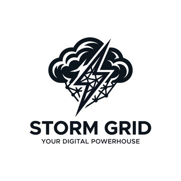 lightning bolt with geometric cloud network structure for storm grid digital powerhouse technology data connection infrastructure energy logo design