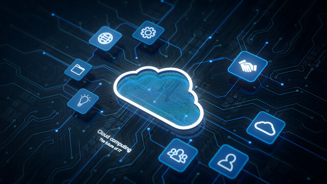 Cloud computing concept with a glowing central cloud connected business symbols, and digital circuit board lines on dark blue background