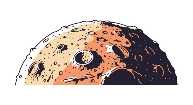 Detailed vector illustration of the lunar surface showing various craters and shadows on the moon in a warm orange and dark blue color scheme.