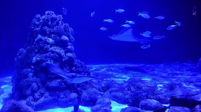 Underwater reef teeming with diverse marine life and graceful stingrays swimming