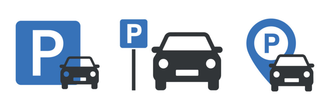 Parking Pictograms With Cars And Letter P Flat Vector Illustrations