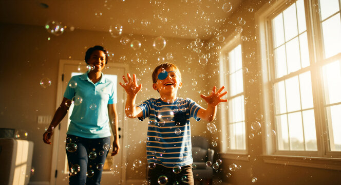 Boy with eyepatch laughing while playing with bubbles in a sunlit room. Caregiver smiling during vision therapy activity. Pediatric health and inclusivity concept for child development media.