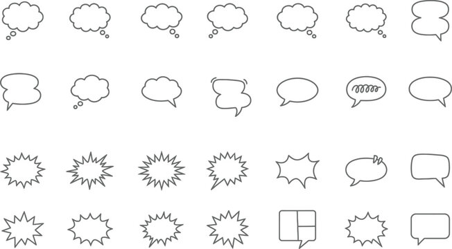  Gray Outline Comic Speech Bubbles Thought Clouds and Burst Shapes Set