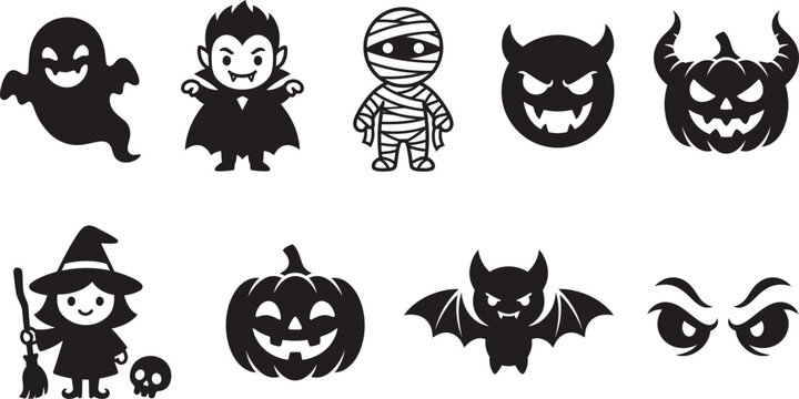  Halloween cute monster character silhouettes set vector icons featuring ghost witch pumpkin and vampire