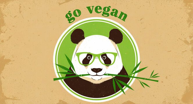 Panda wearing glasses holding bamboo stalk on circular emblem. Vintage illustration with "go vegan" text on a distressed background. Ethical eating concept for plant-based lifestyle branding.