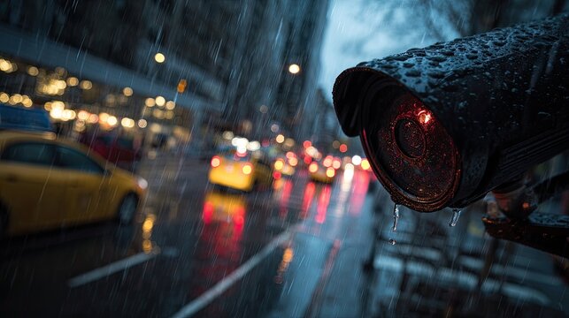Surveillance camera monitors rainy city street with glowing red eye