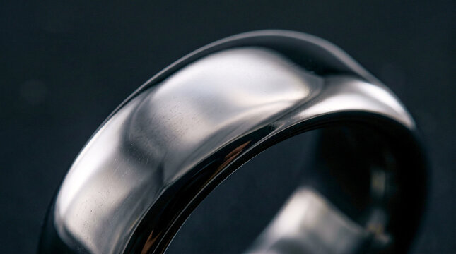 Close up view of a polished silver metal ring on a dark background.