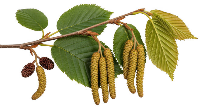 Alder tree branch with male catkins and developing cones during spring growth Isolated on transparent background